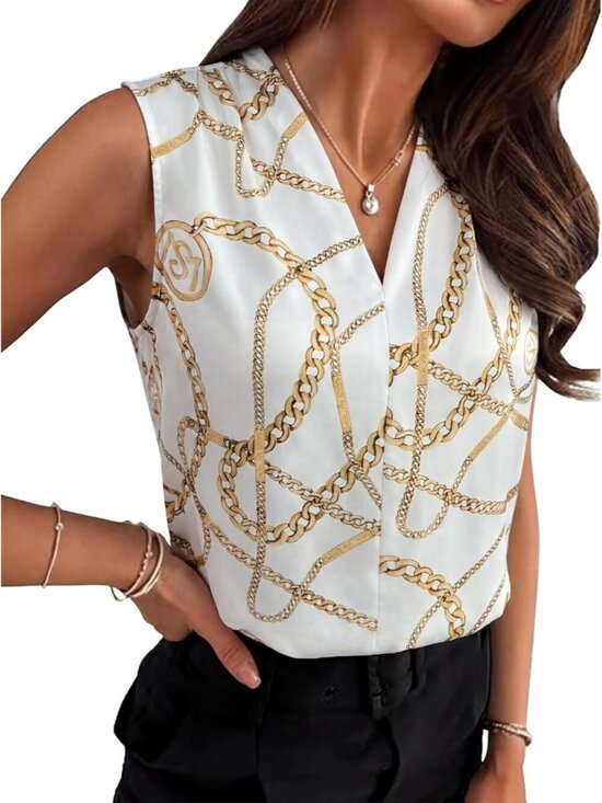 Tops - Women's White Gold Chain Sleeveless V Neck Casual Blouses Pleated Tank Top Shirt